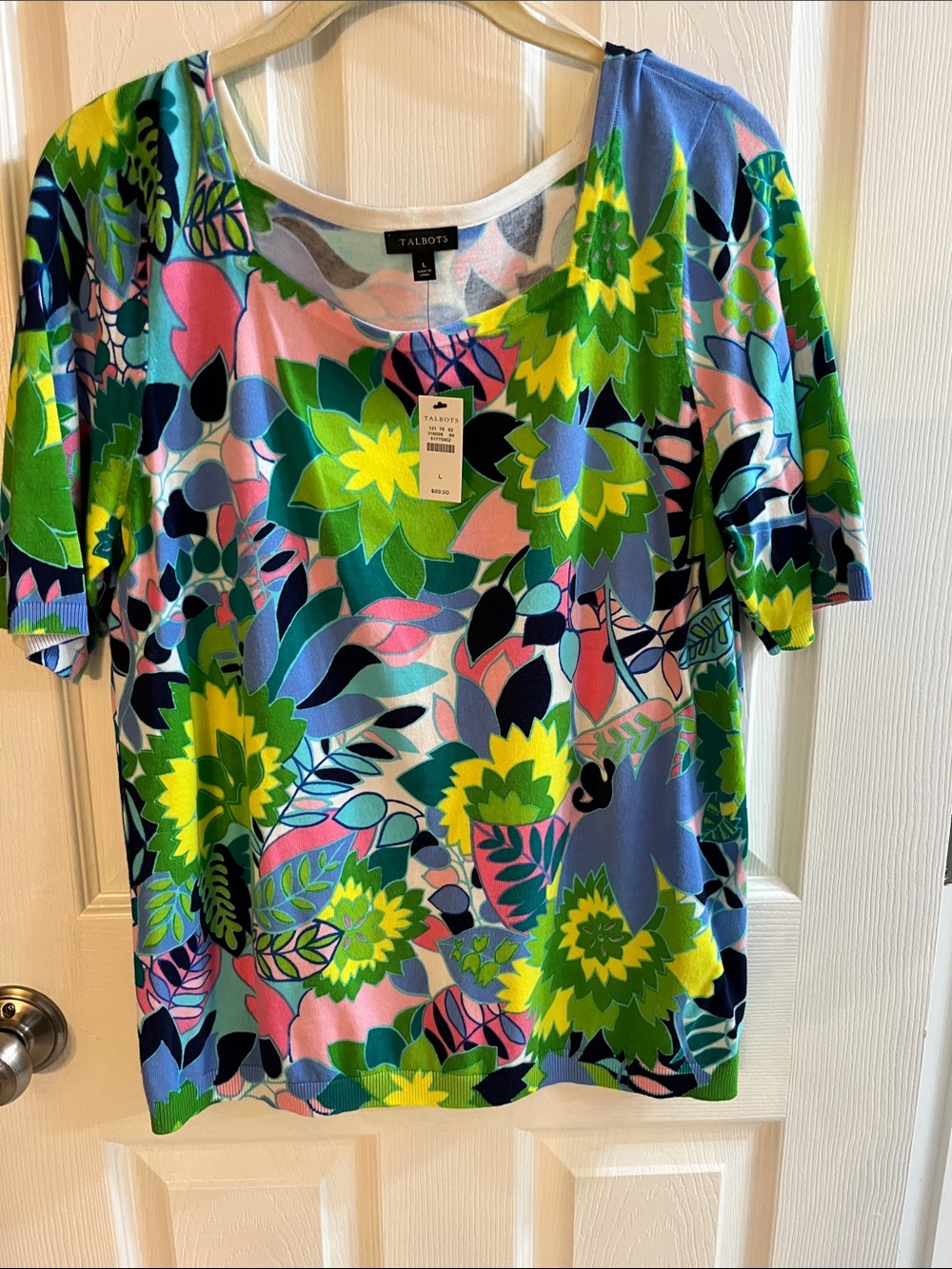 Talbots Short-Sleeve Floral Print Top in Blue, Green & Pink